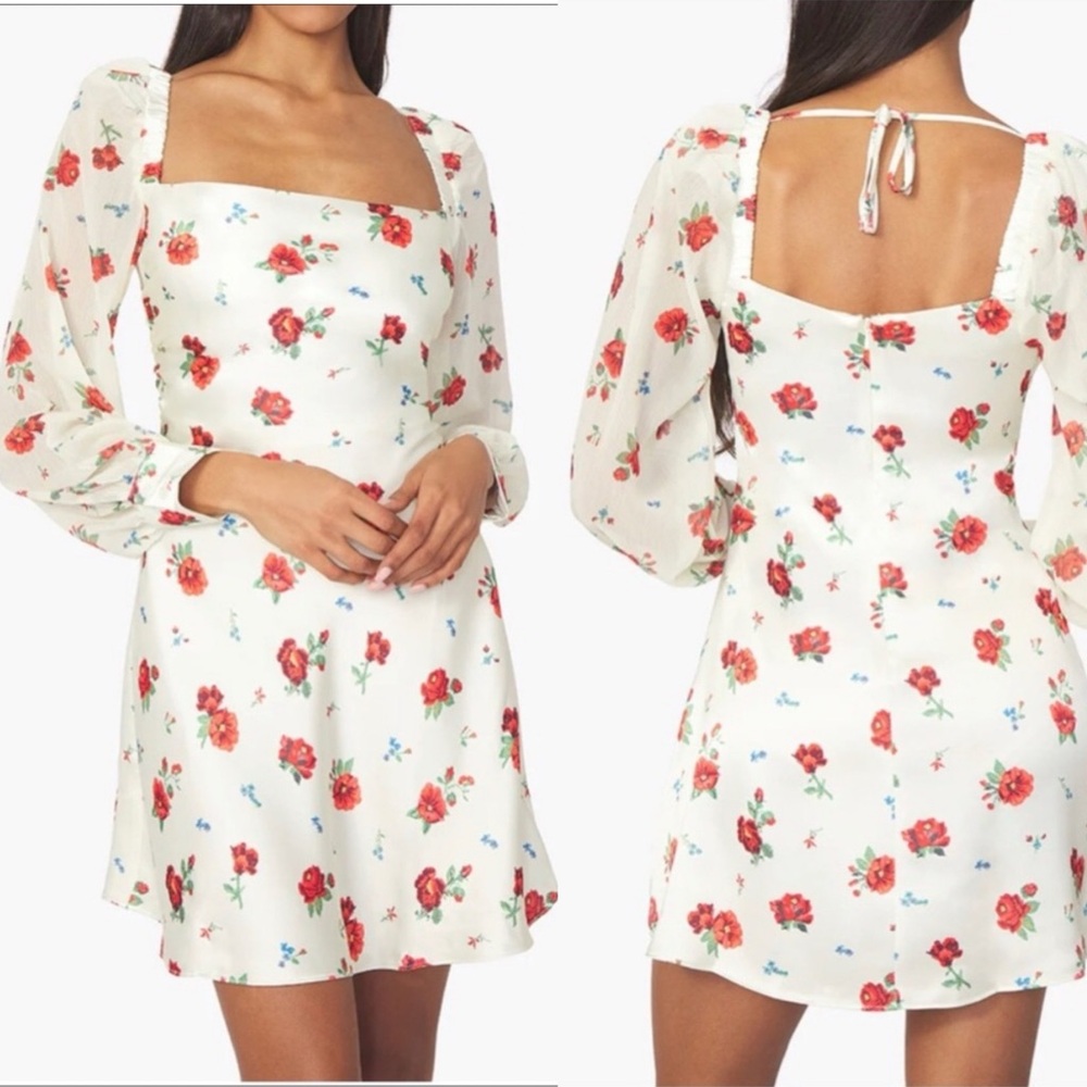 WeWoreWhat Dress 6 White Red Long Sleeve Roses Floral Puff Sleeve Cowl - Picture 2 of 14